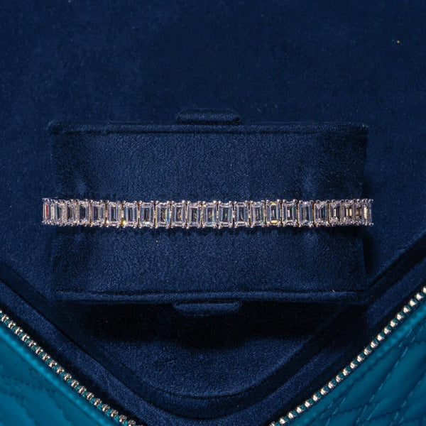 6MM Moissanite baguette tennis bracelet in 925 silver with D color VVS1 stones in a black velvet jewelry box