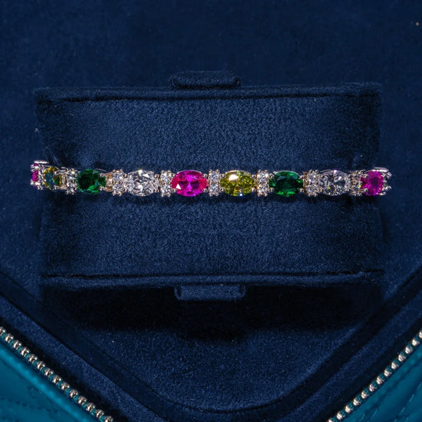 5MM Moissanite multicolor mixed oval cut tennis bracelet in 925 silver with VVS1 clarity stones