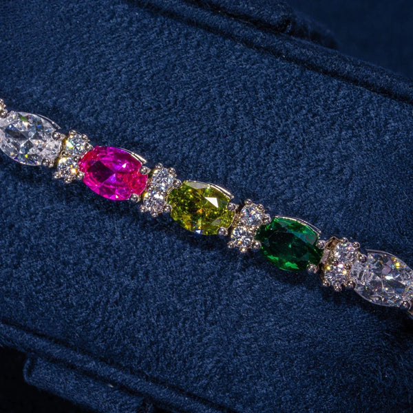 5MM Moissanite multicolor mixed oval cut tennis bracelet in 925 silver with D color and VVS1 clarity