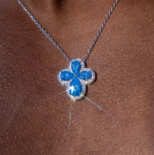 Blue Gemstone Four Leaf Clover Adjustable Necklace- White Gold