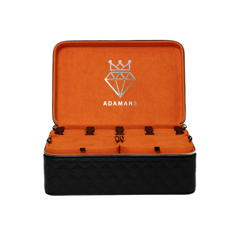 Leather Travel Jewellery Case - Jet Black & Orange