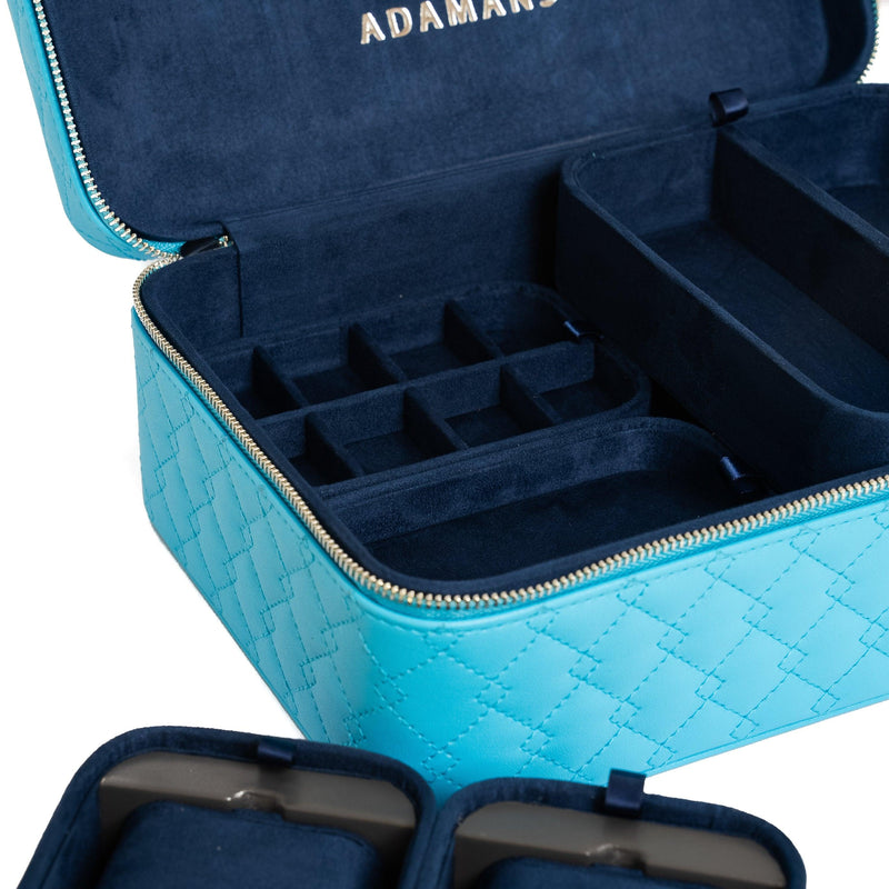 Leather Travel Jewellery Case - Light Blue & Midnight Blue