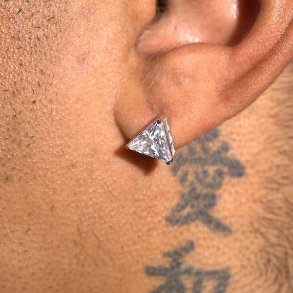 Moissanite triangle cut stud earring in 925 silver worn on ear