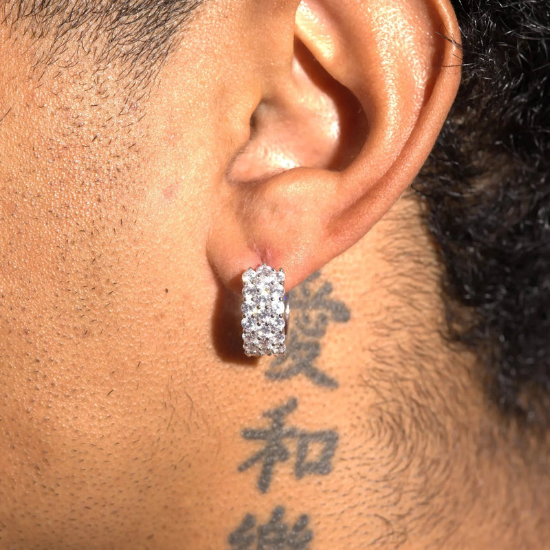 Moissanite 3-row hoop earrings in 925 silver with D colour VVS1 stones worn on ear