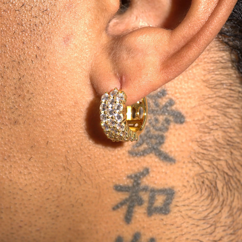 Moissanite 3-Row Hoop Earrings in gold 925 silver with VVS1 stones on ear