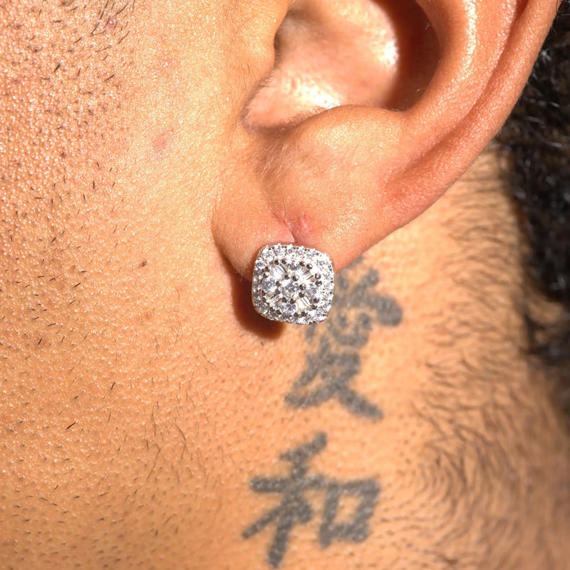 Moissanite 10MM Baguette square stud earrings in 925 silver with VVS1 stones worn on ear