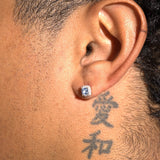 Moissanite 7MM iced square cluster earring in blue on 925 silver worn on ear