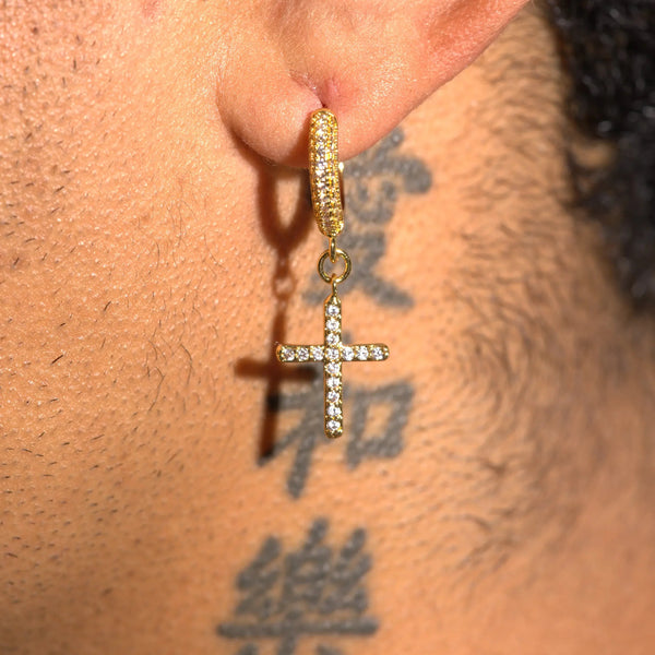 Mini cross earrings in gold vermeil with diamond simulant stones