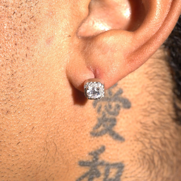 Moissanite 7mm cluster stud earrings in 925 silver with D colour VVS1 stones worn on ear