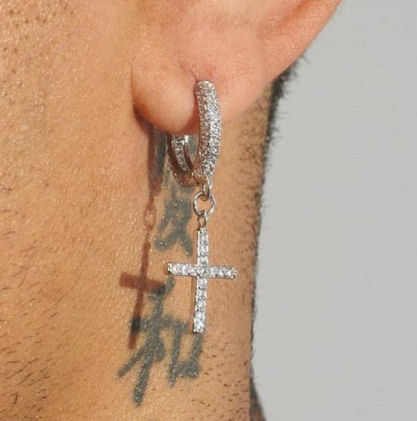 Iced Cross Earrings - White Gold