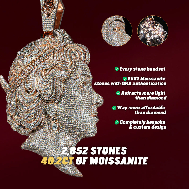 Rose gold Queen Elizabeth pendant encrusted with over 2800 VVS1 moissanite stones weighing 40.2 carats inspired by Central Cee design