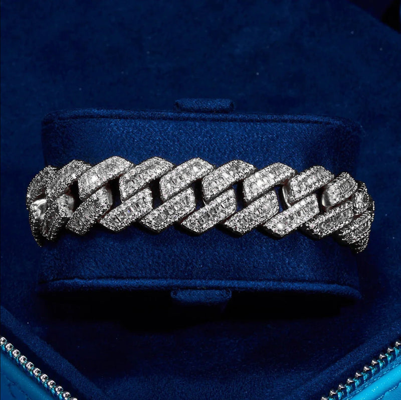 17mm baguette prong link bracelet in white gold with diamond simulants on navy blue velvet display