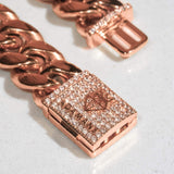 Moissanite 20mm Cuban iced clasp chain in rose gold with prong-set stones on 925 silver