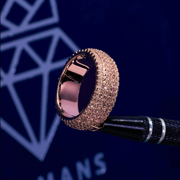 Moissanite 5 Row Paved Ring in rose gold 925 silver with D color VVS1 stones on dark background