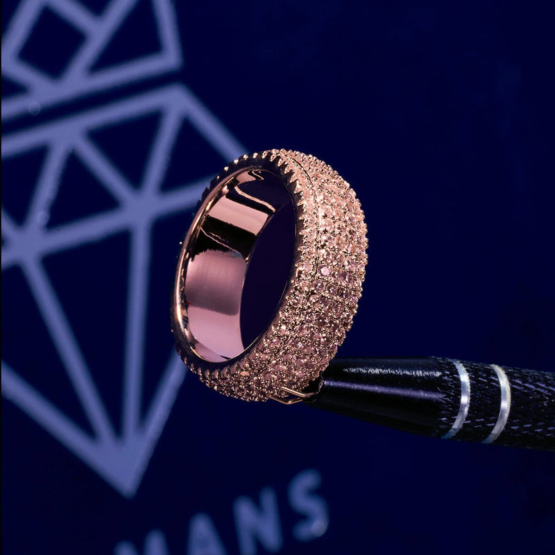 Moissanite 5 Row Paved Ring in rose gold 925 silver with D color VVS1 stones on dark background