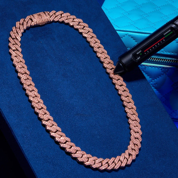 Moissanite 14mm Monaco Chain in rose gold 925 silver with D colour and VVS1 stones on blue background