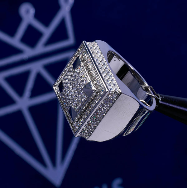 Lab Diamond Square Paved Ring in 925 Silver with white gold plating and flawless diamond simulants.