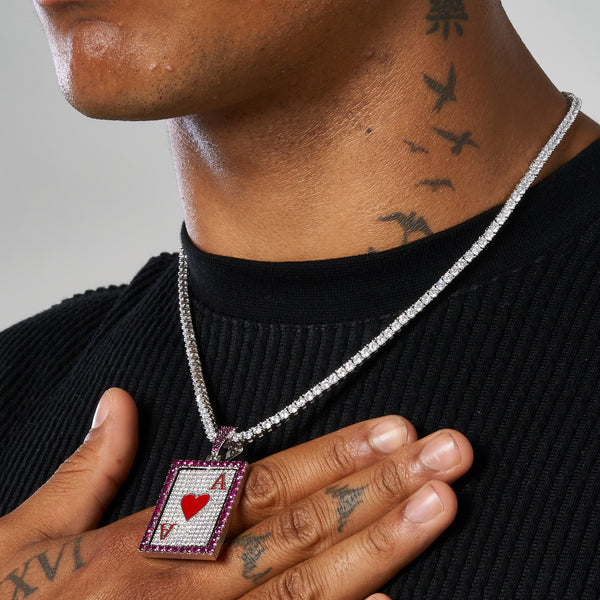 Diamond Spinning Ace Card Pendant in white gold on chain displayed on model.