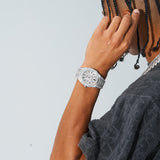 44m Paved VVS Moissanite white gold watch on wrist with intricate diamond detailing