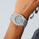 44m Paved VVS Moissanite diamond watch in white gold worn on wrist with pavé-set stones and precision detailing