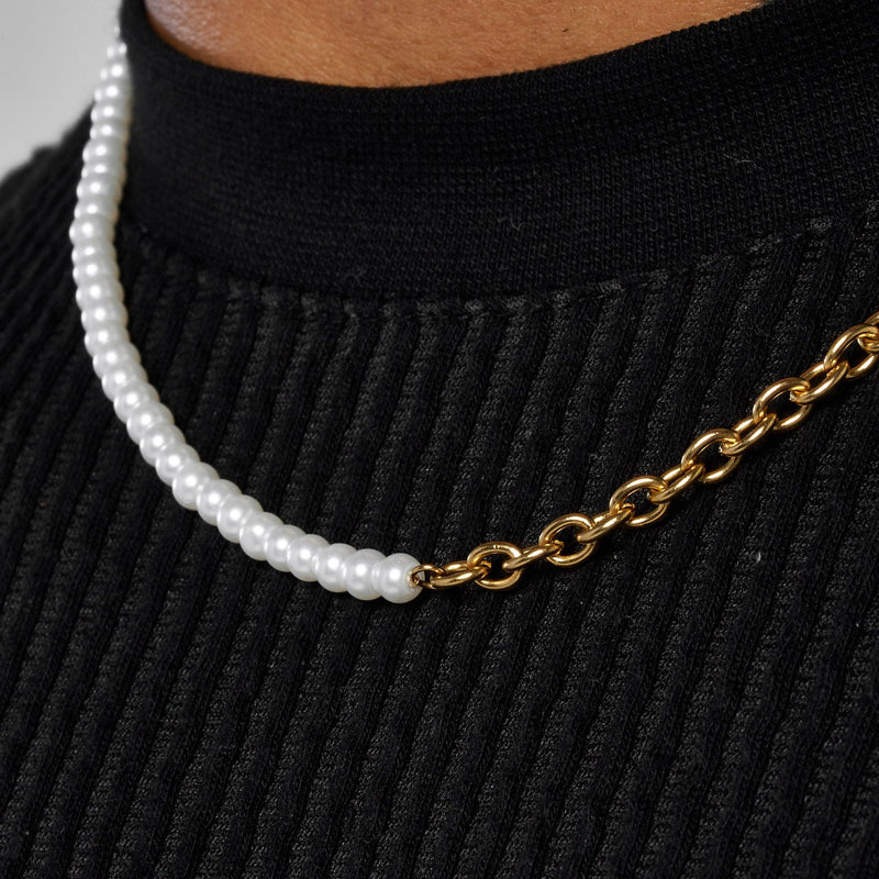 4mm Half Pearl & Rolo Necklace - Gold