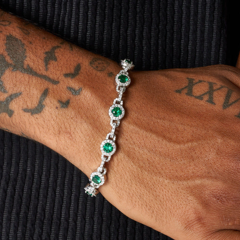 9mm GREEN CENTRE STONE LINK BRACELET - WHITE GOLD