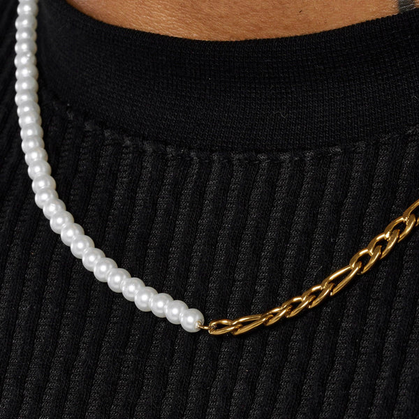 4mm Half Pearl & Figaro Necklace - Gold