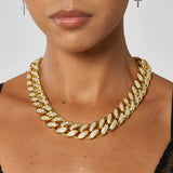 19mm Iced Cuban Chain gold with hand-set stones on model neckline