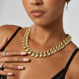 19mm gold iced Cuban chain necklace with hand-set stones on model