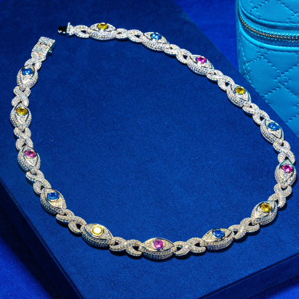 14MM lab diamond evil eye eternity chain, multi gemstone, 925 silver, white gold plating, D color, VVS1.