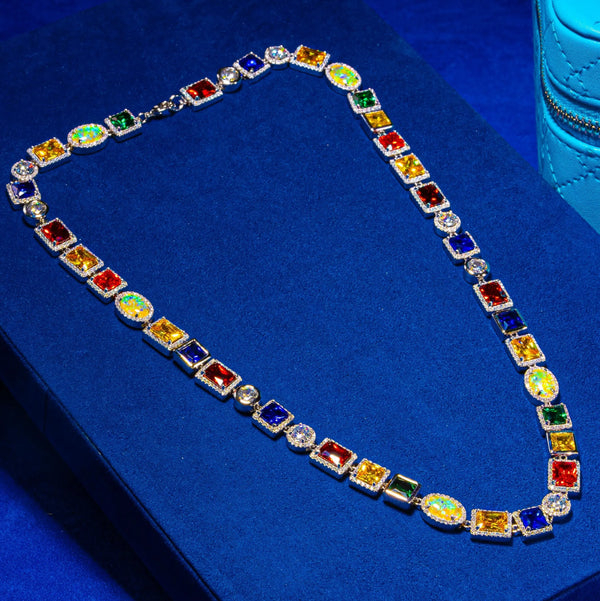 10MM multi gemstone chain in white gold with colorful hand-set stones.