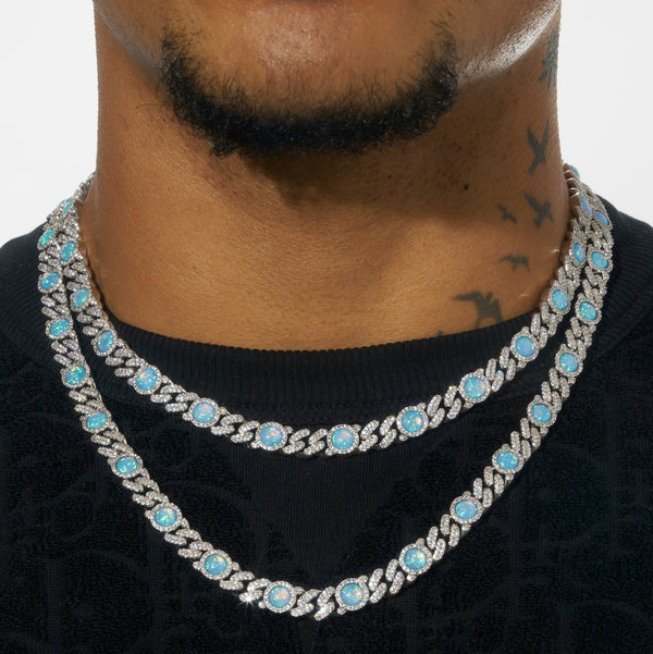 8MM Blue Lab Diamond Opal Cuban Chain in Silver with White Gold Plating.