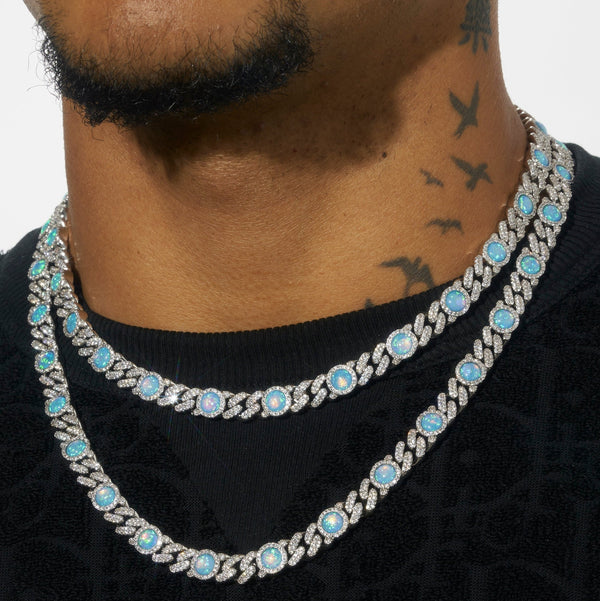 8MM Blue Lab Diamond Opal Cuban Chain in 925 Silver with White Gold Plating.