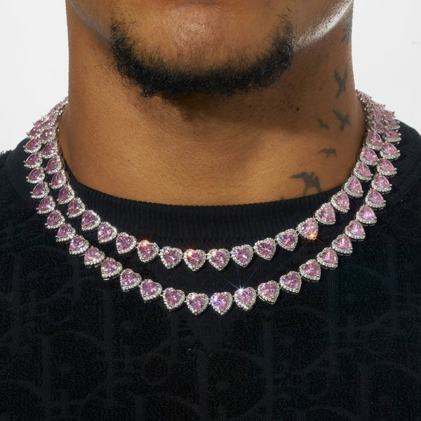 10mm pink gemstone and white heart chain necklace in white gold on model.