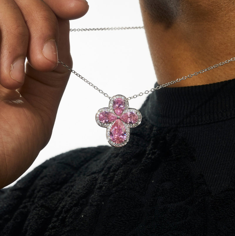 Pink Gemstone Four Leaf Clover Adjustable Necklace- White Gold