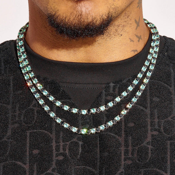 5MM Blue & Black Tennis Chain in white gold with diamond simulants worn on neck