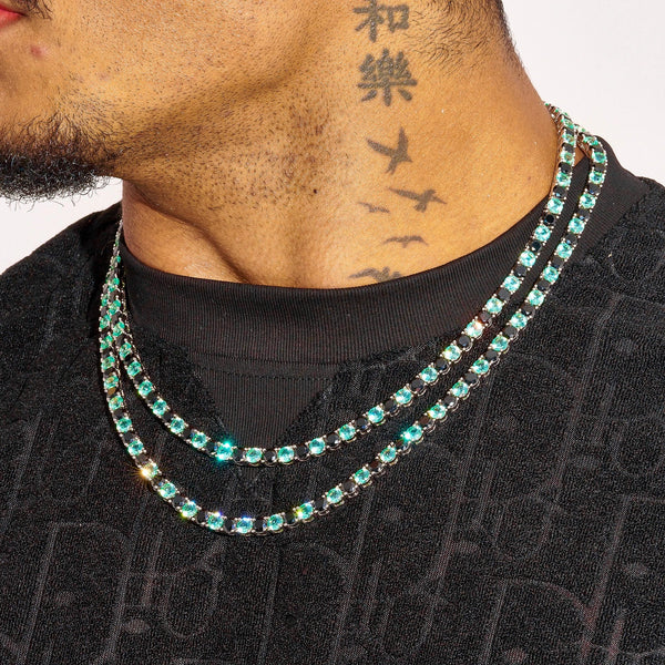 5MM Blue & Black Tennis Chain in white gold with diamond simulants on neck