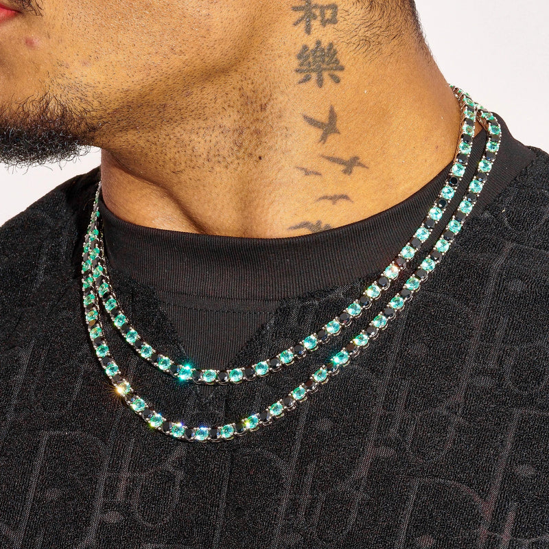 5MM Blue & Black Tennis Chain in white gold with diamond simulants on neck