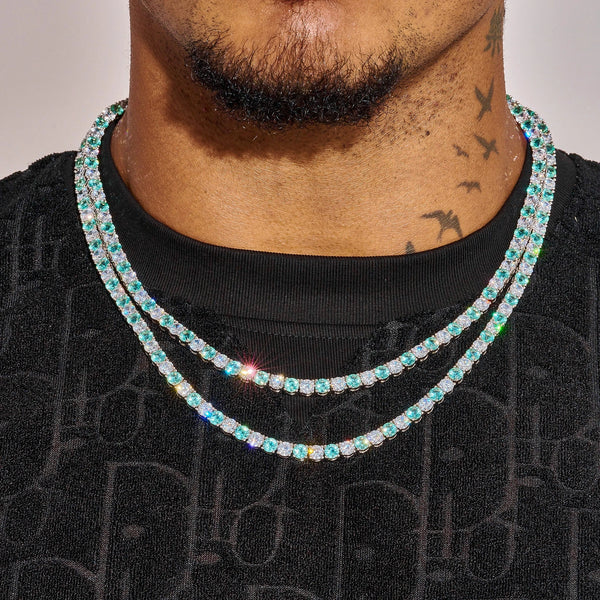 5MM Blue & White Tennis Chain in white gold worn on neck with sparkling diamond simulants