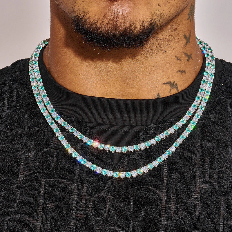 5MM Blue & White Tennis Chain in white gold worn on neck with sparkling diamond simulants