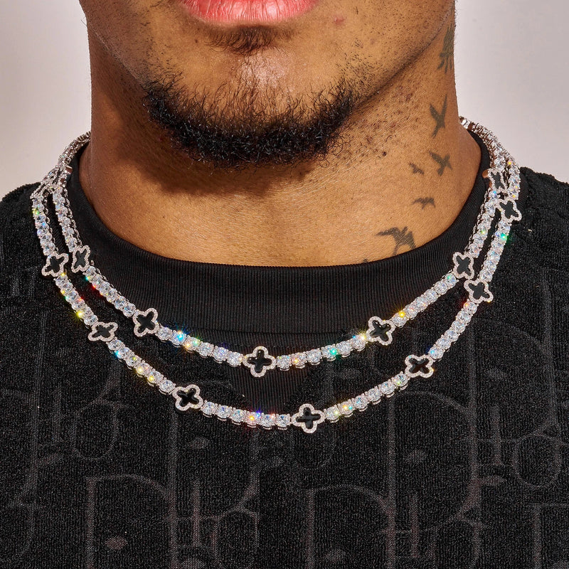 5MM Moissanite Black Motif tennis chain in 925 silver with D colour VVS1 stones worn on neck