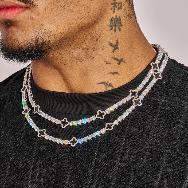 5MM Moissanite Black Motif tennis chain in 925 silver with D color VVS1 stones worn on neck