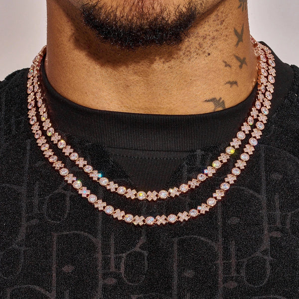 5MM Moissanite XOXO Chain in rose gold with 925 silver, VVS1 quality, worn on neck