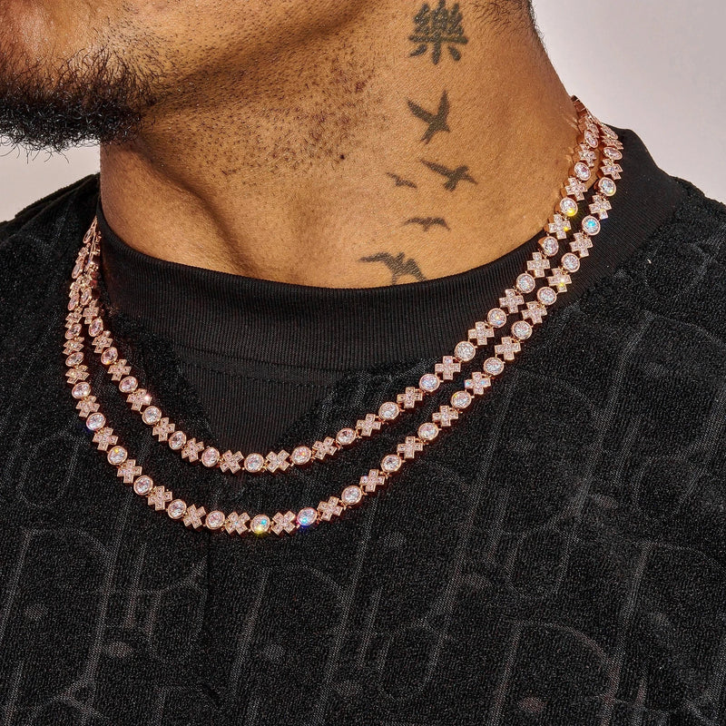 5MM Moissanite XOXO Chain in rose gold plated 925 silver with VVS1 clarity stones worn on neck