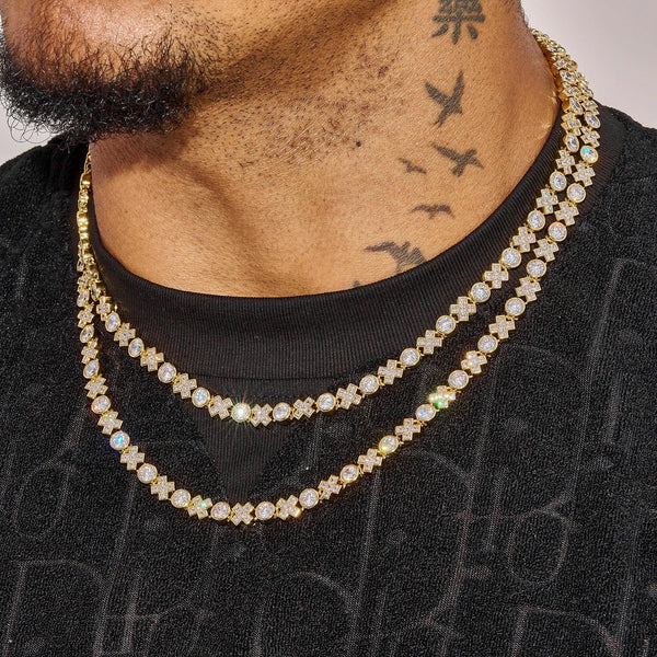 close-up of gold 5MM XOXO Chain with diamond simulants worn on neck