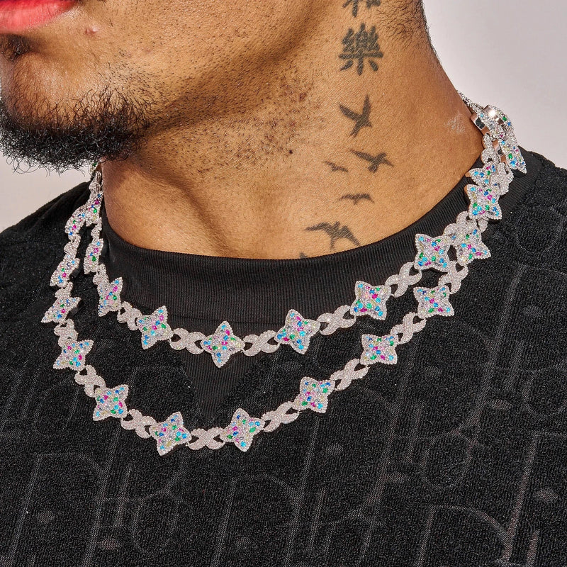 Moissanite Multicolor Star Infinity Chain necklace in 925 silver with vibrant multicolor stones worn on neck