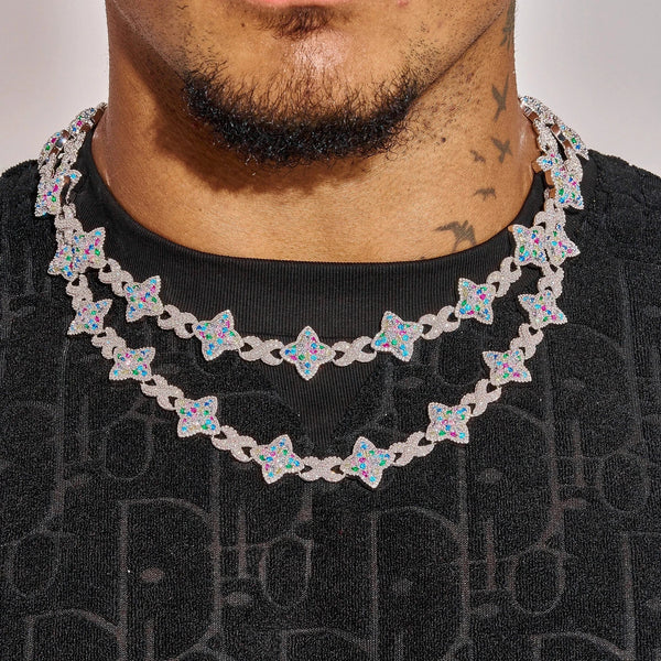 Moissanite multicolor star infinity chain necklace in 925 silver with VVS1 clarity and D color, worn on neck