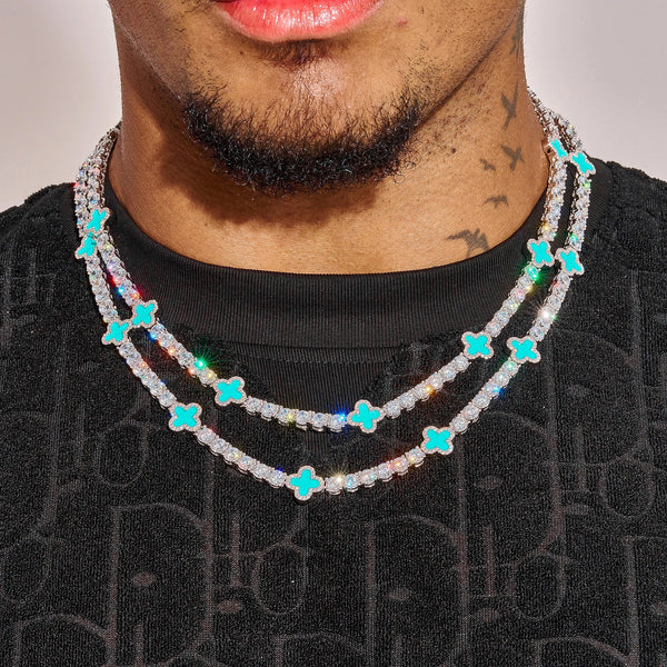 5MM Moissanite Green Motif Tennis Chain in 925 Silver with white gold plating worn on neck