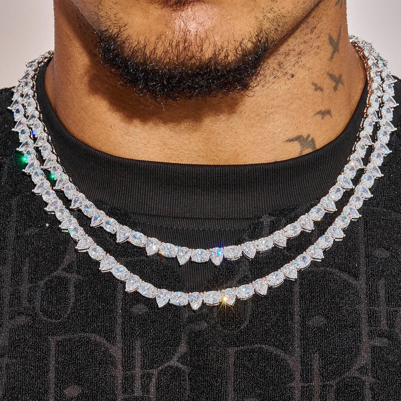 8MM Opal and Pear Tennis Chain in white gold with pear-cut and opal stones worn on neck