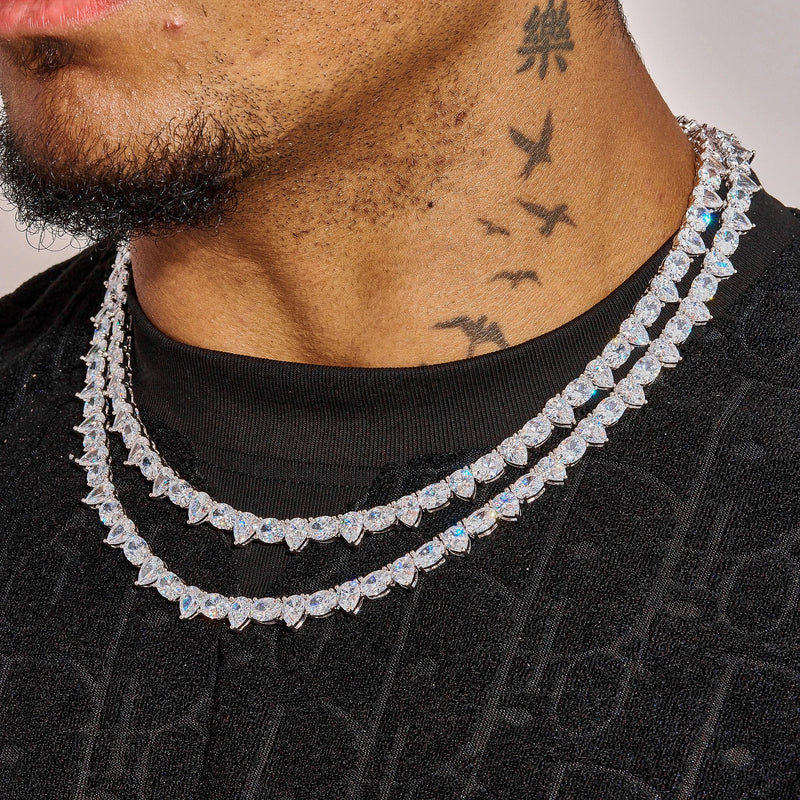 8MM Opal and Pear Tennis Chain in white gold with pear-cut stones worn on neck